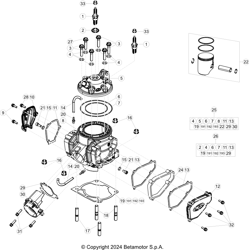 vue éclatée cylindre, culasse et distribution - beta rr 300 race 2t 2025