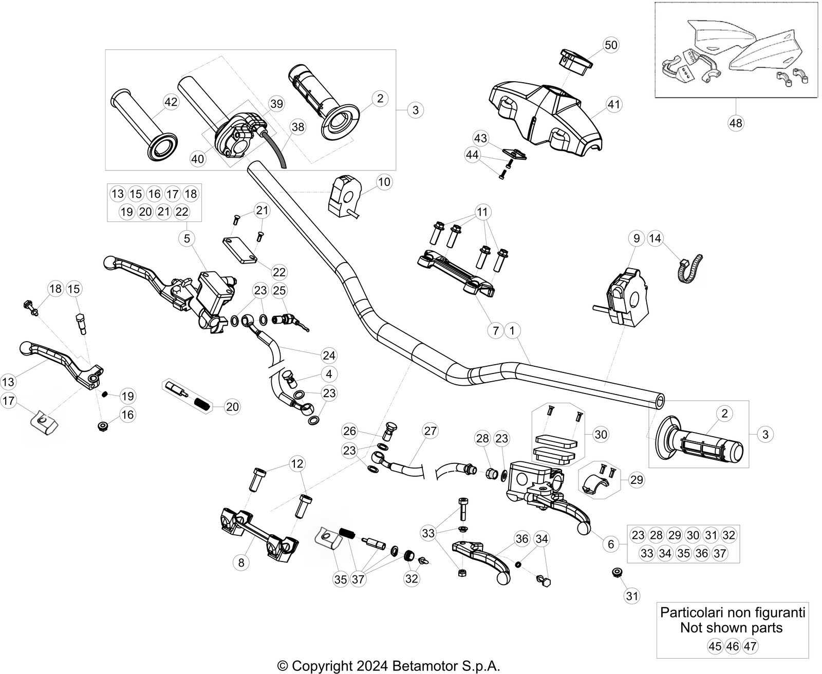 vue éclatée commandes et guidon - beta rr 300 race 2t 2025