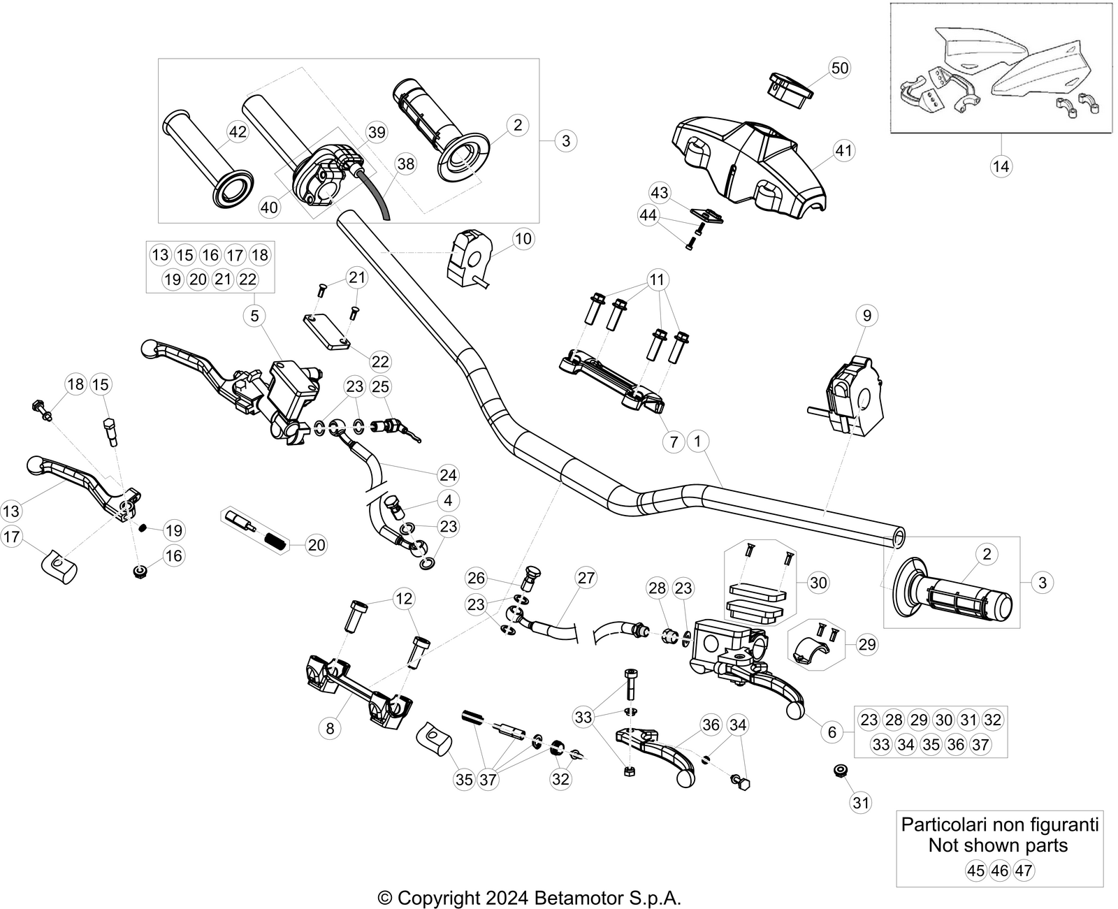 vue éclatée commandes et guidon - beta rr 200 race 2t 2025