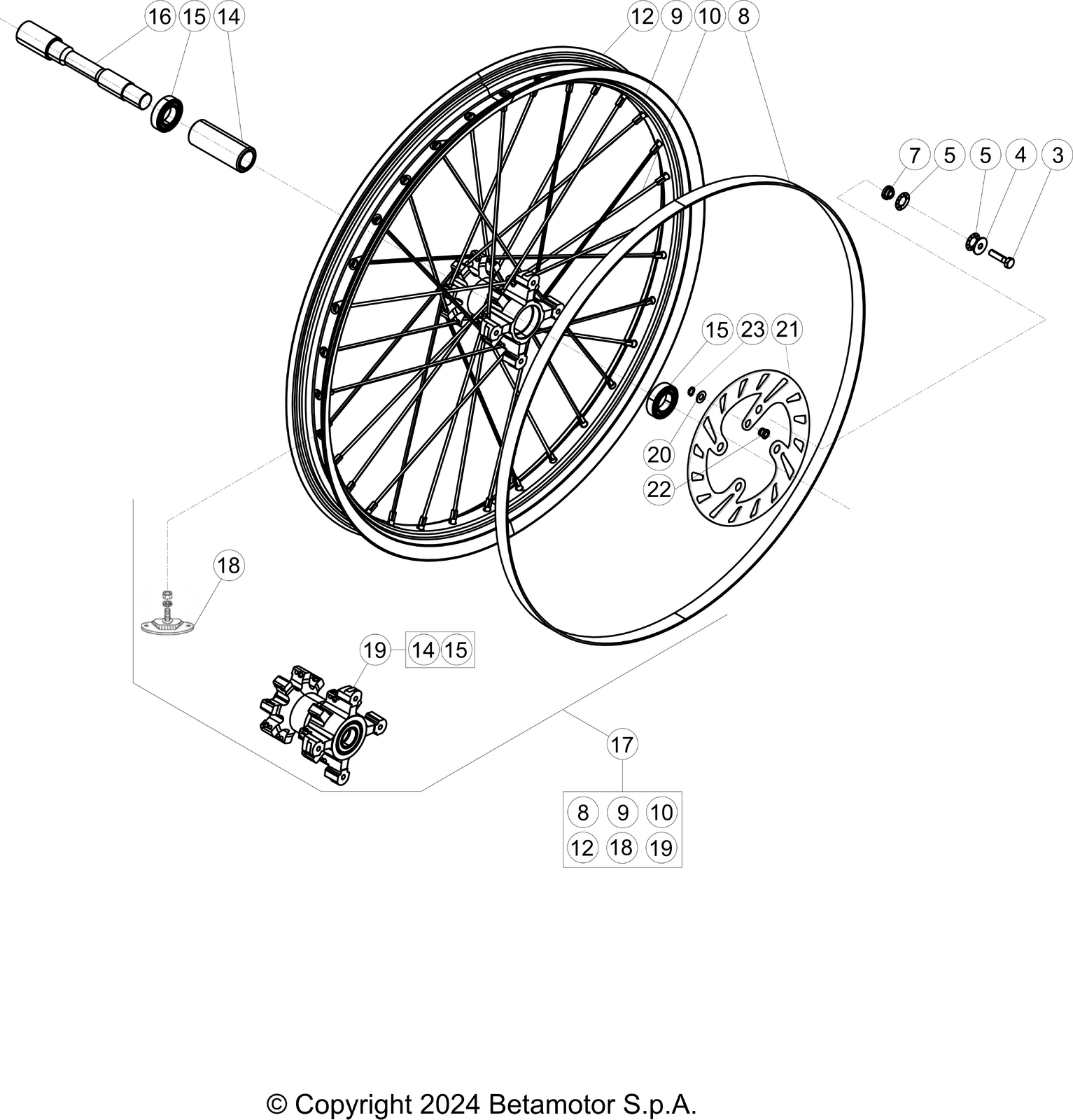 vue éclatée roue avant - beta evo 125 2t factory 2025