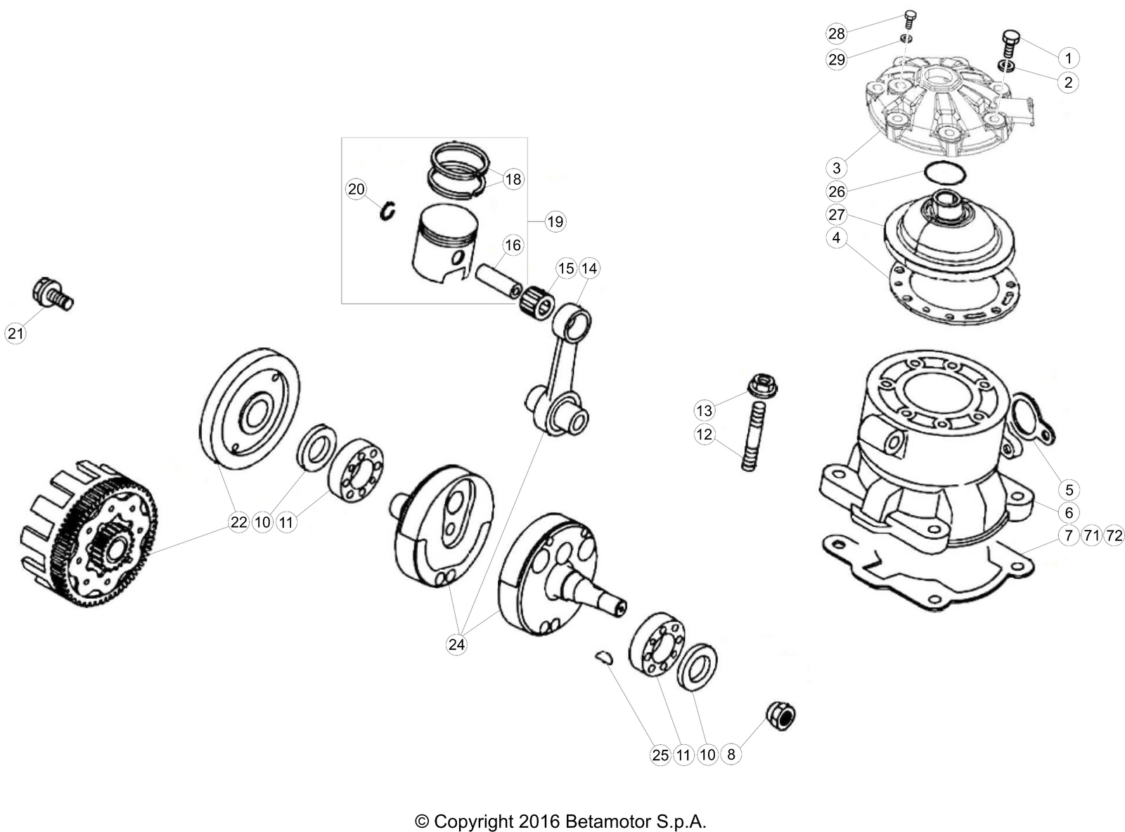 vue éclatée vilebrequin / piston / arbre d’équilibrage - beta evo 250 2t factory 2025