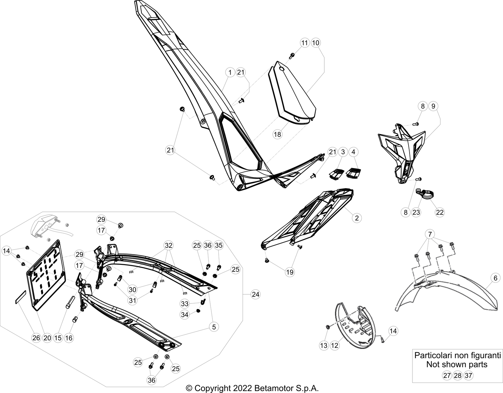 vue éclatée plastiques, réservoir et selle - beta evo 250 2t factory 2025