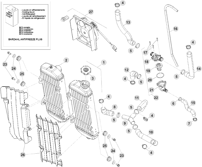 vue éclatée radiateurs, refroidissement - beta rr 350 4t racing 2014