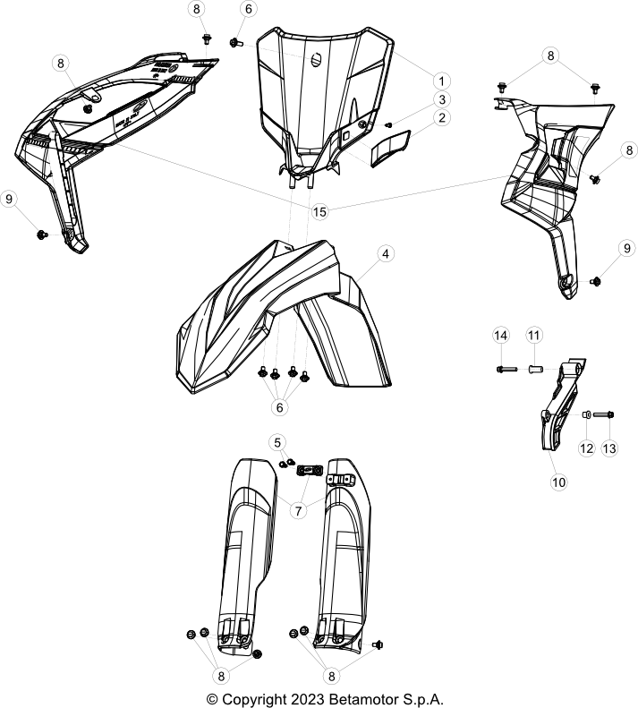 vue éclatée plastiques, réservoir et selle - beta rx 450 4t 2026