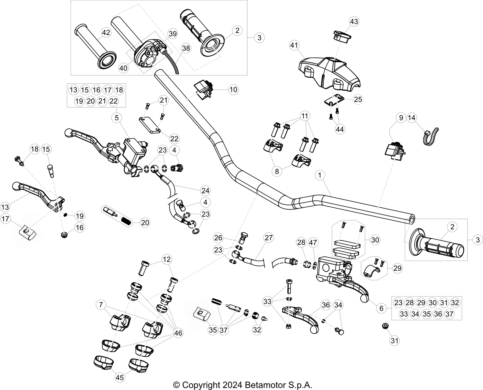 vue éclatée commandes et guidon - beta rx 250 2t 2026