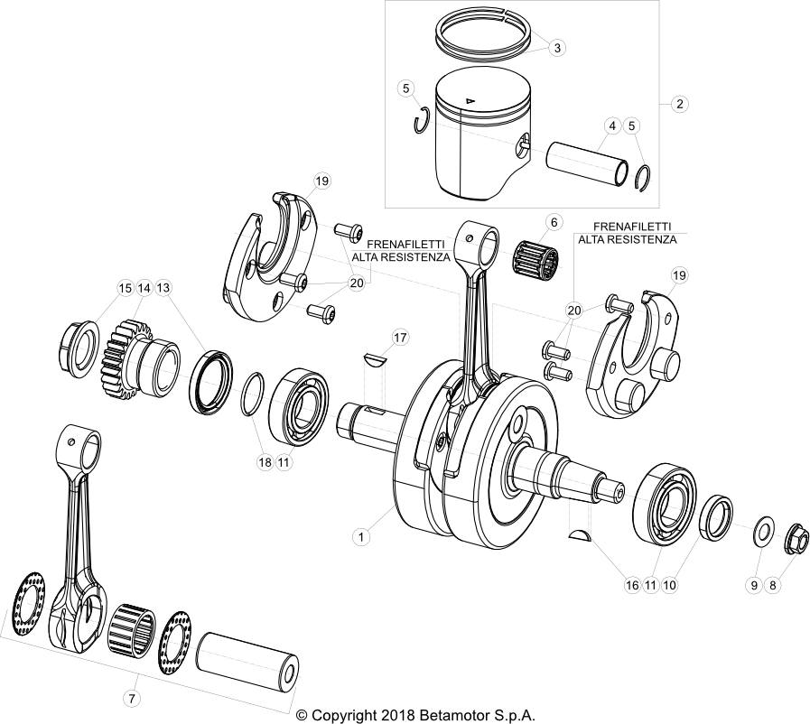 vue éclatée vilebrequin / piston / arbre d’équilibrage - beta rr 125 x-pro 2t 2026