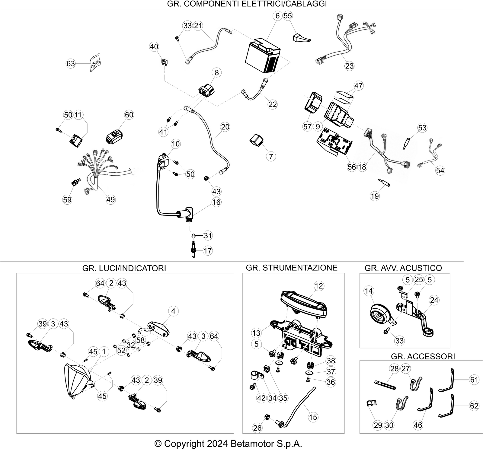vue éclatée installation électrique - beta rr 250 race 2t 2026