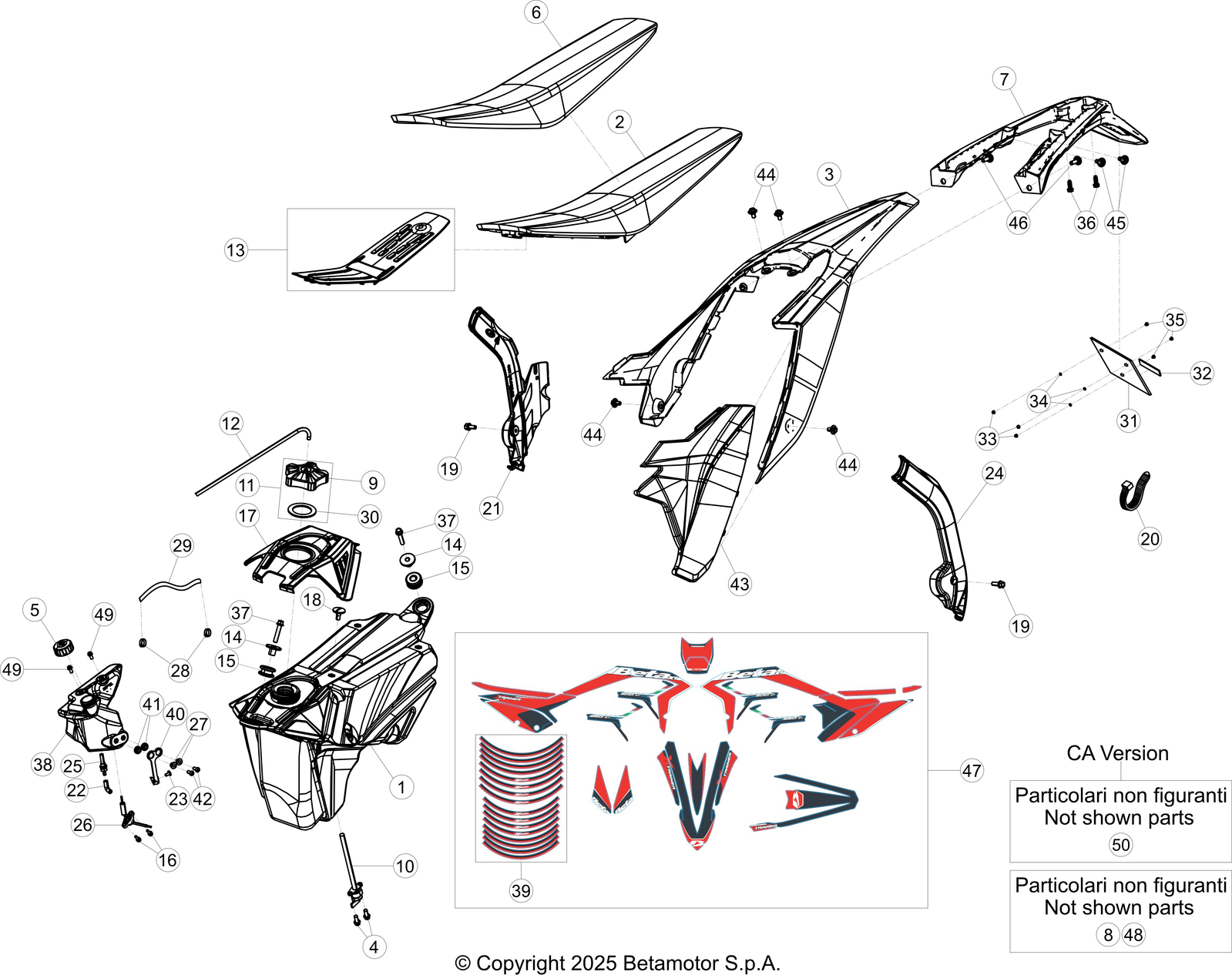 vue éclatée plastiques, réservoir et selle - beta xtrainer 250 2026