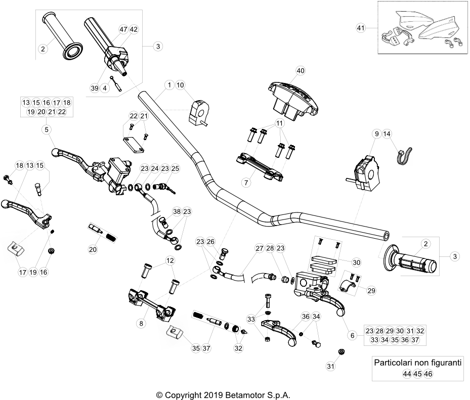 vue éclatée commandes et guidon - beta rr 390 4t racing 2020