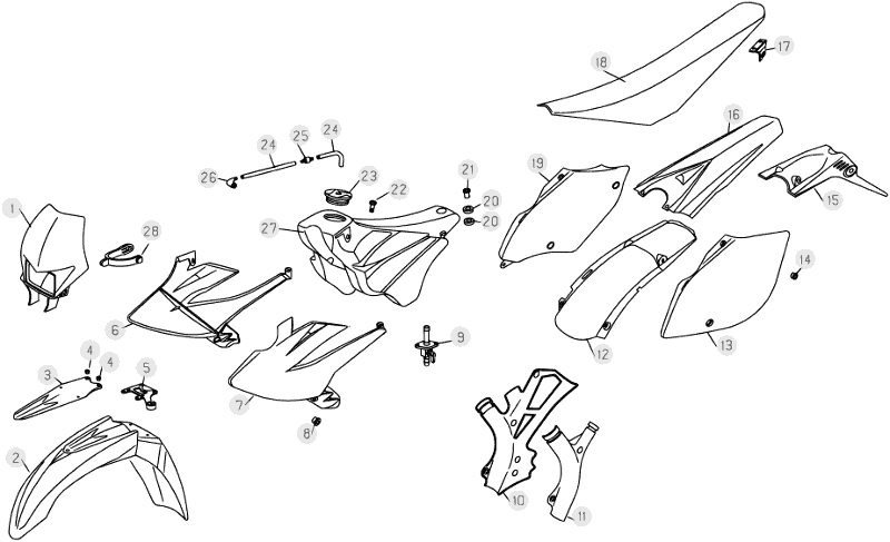 vue éclatée plastiques, réservoir et selle - beta rr 400 2006