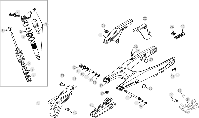vue éclatée bras oscillant - beta rr 525 4t racing 2009