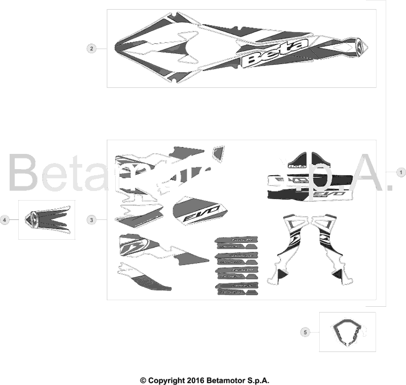vue éclatée plastiques, réservoir et selle - beta evo 200 2017
