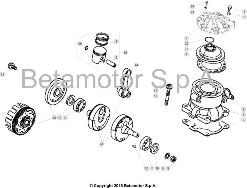 vue éclatée vilebrequin / piston / arbre d’équilibrage - beta evo 200 2018