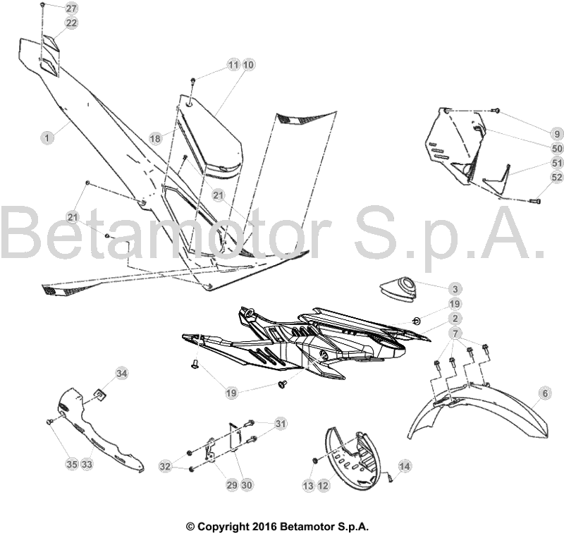 vue éclatée plastiques, réservoir et selle - beta evo 200 2018