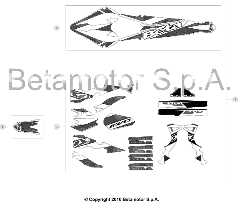 vue éclatée plastiques, réservoir et selle - beta evo 125 2017