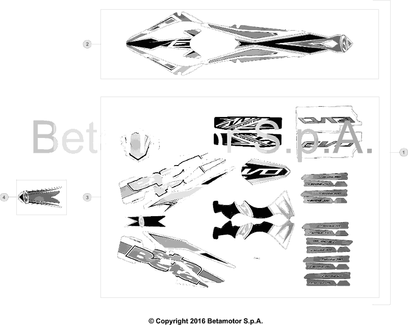 vue éclatée plastiques, réservoir et selle - beta evo 250 2016