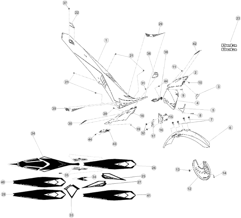 vue éclatée plastiques, réservoir et selle - beta evo 290 2009