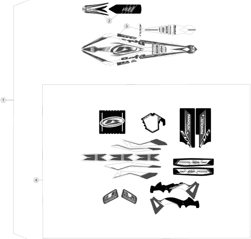 vue éclatée plastiques, réservoir et selle - beta evo 300 2013