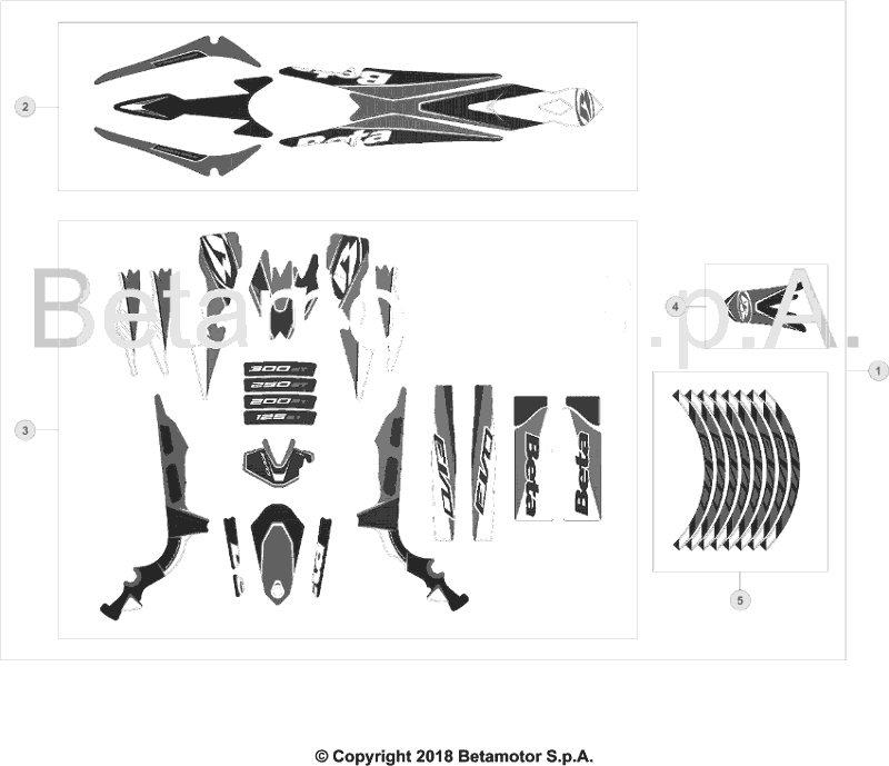 vue éclatée plastiques, réservoir et selle - beta evo 300 2019