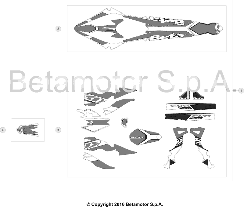 vue éclatée plastiques, réservoir et selle - beta evo 300 ss 2017