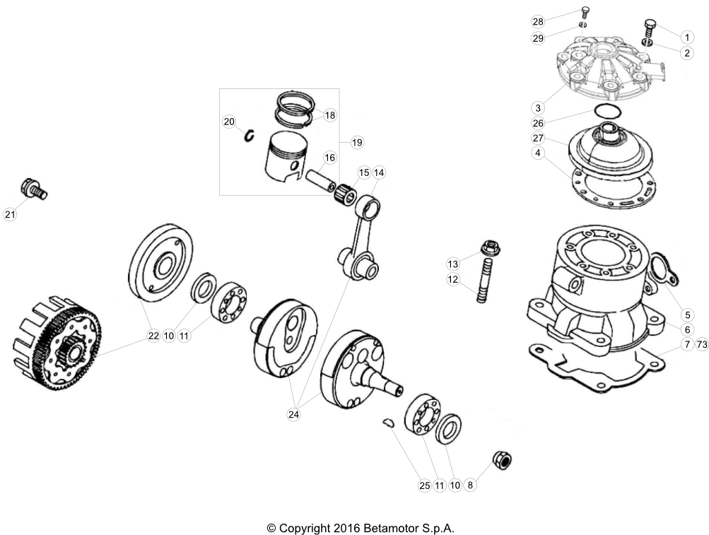 vue éclatée vilebrequin / piston / arbre d’équilibrage - beta evo 300 ss 2020