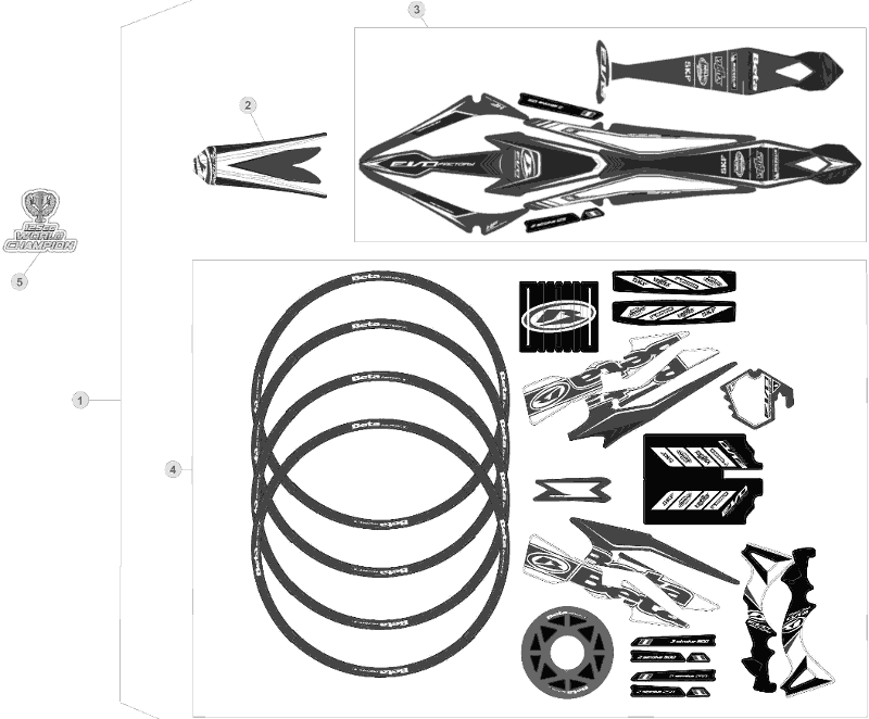 vue éclatée plastiques, réservoir et selle - beta evo 250 2t factory 2014