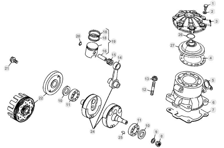 vue éclatée vilebrequin / piston / arbre d’équilibrage - beta evo 250 2t factory 2014