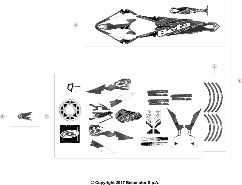vue éclatée plastiques, réservoir et selle - beta evo 250 2t factory 2017