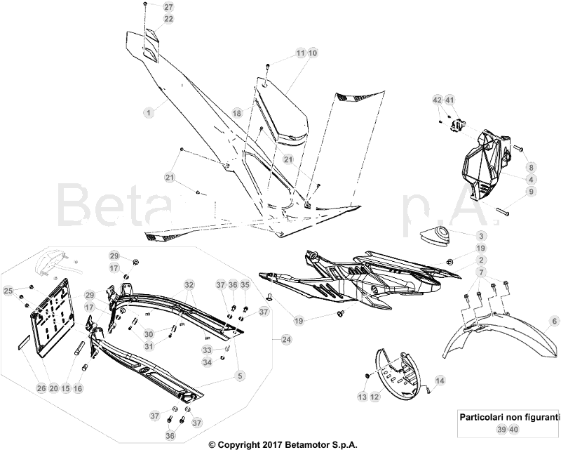 vue éclatée plastiques, réservoir et selle - beta evo 250 2t factory 2018
