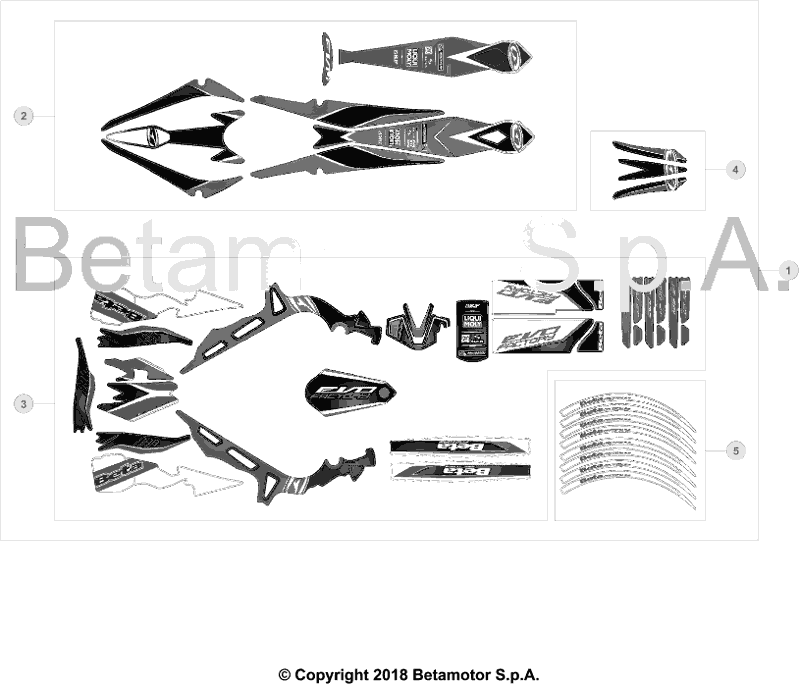 vue éclatée plastiques, réservoir et selle - beta evo 250 2t factory 2018