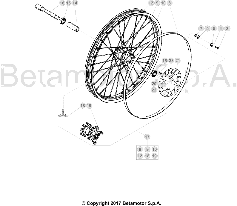 vue éclatée roue avant - beta evo 250 2t factory 2019