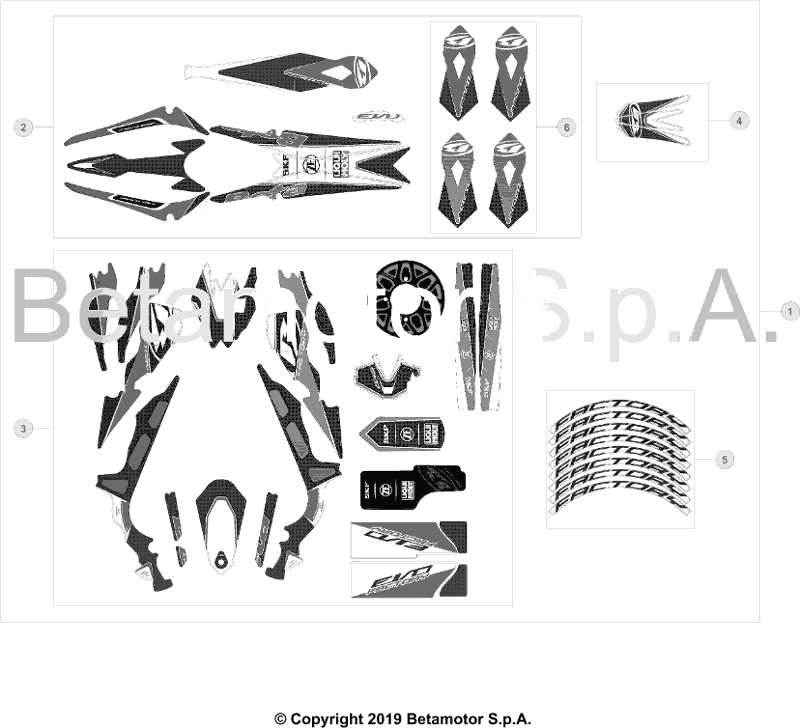 vue éclatée plastiques, réservoir et selle - beta evo 250 2t factory 2019