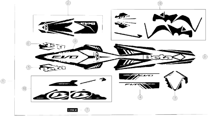vue éclatée plastiques, réservoir et selle - beta evo 300 2t factory 2012