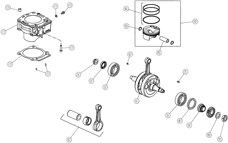 vue éclatée vilebrequin / piston / arbre d’équilibrage - beta evo 250 4t 2010