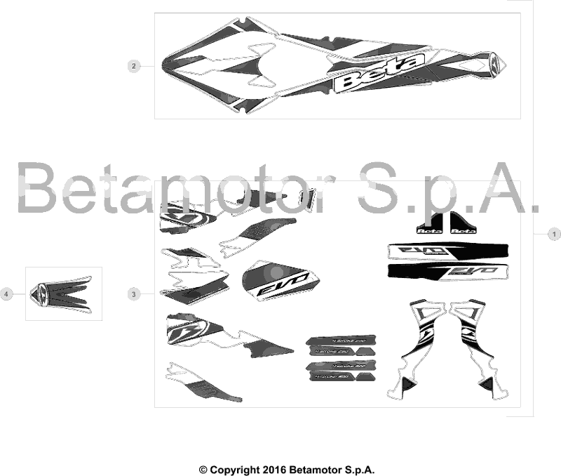 vue éclatée plastiques, réservoir et selle - beta evo 250 4t 2017