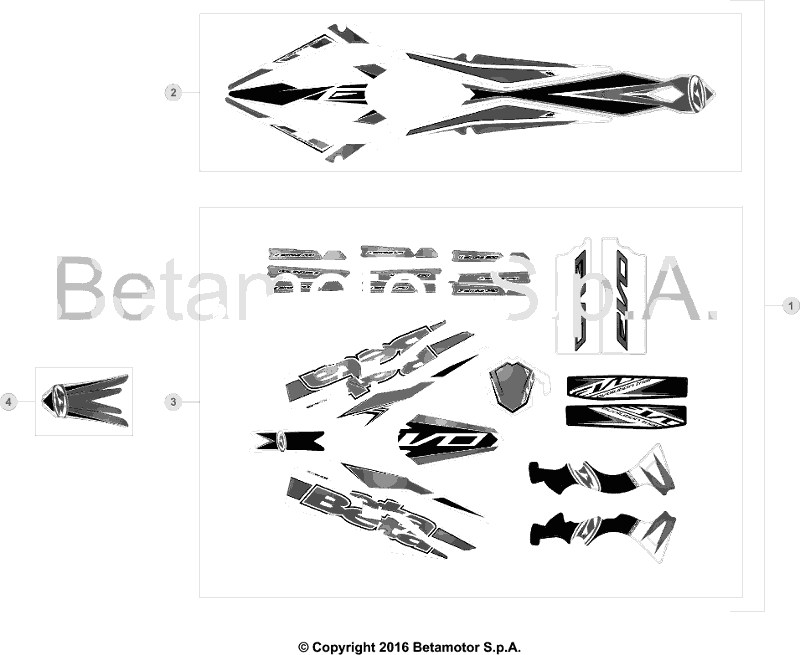 vue éclatée plastiques, réservoir et selle - beta evo 300 4t 2016
