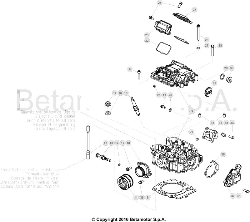 vue éclatée cylindre, culasse et distribution - beta evo 300 4t 2019