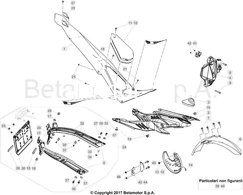 vue éclatée plastiques, réservoir et selle - beta evo 300 4t 2019