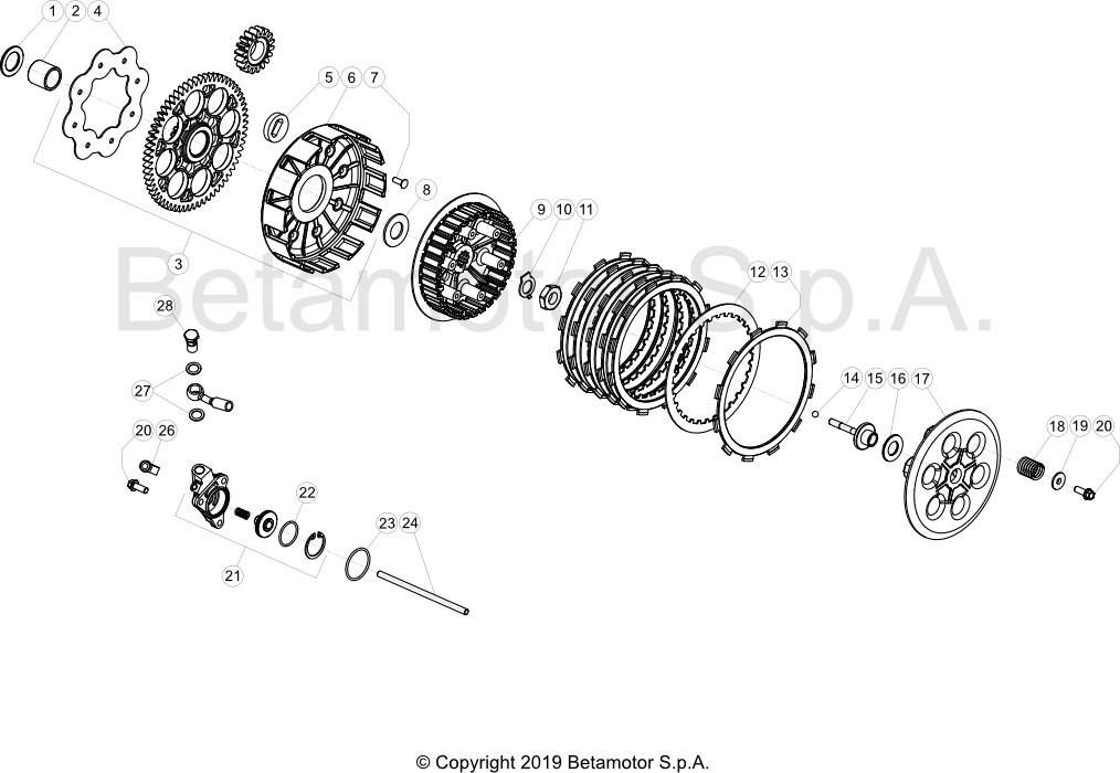 vue éclatée transmission primaire / embrayage - beta evo 300 4t 2020