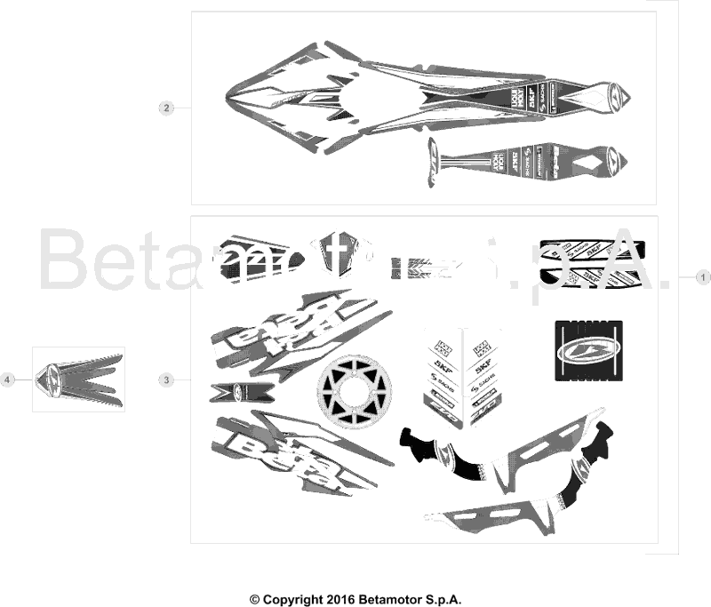 vue éclatée plastiques, réservoir et selle - beta evo 300 4t factory 2016
