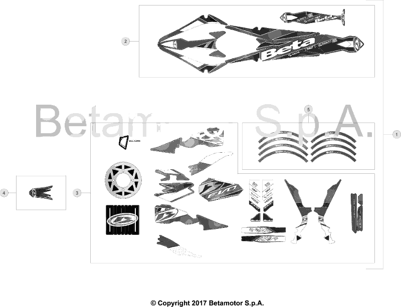 vue éclatée plastiques, réservoir et selle - beta evo 300 4t factory 2017