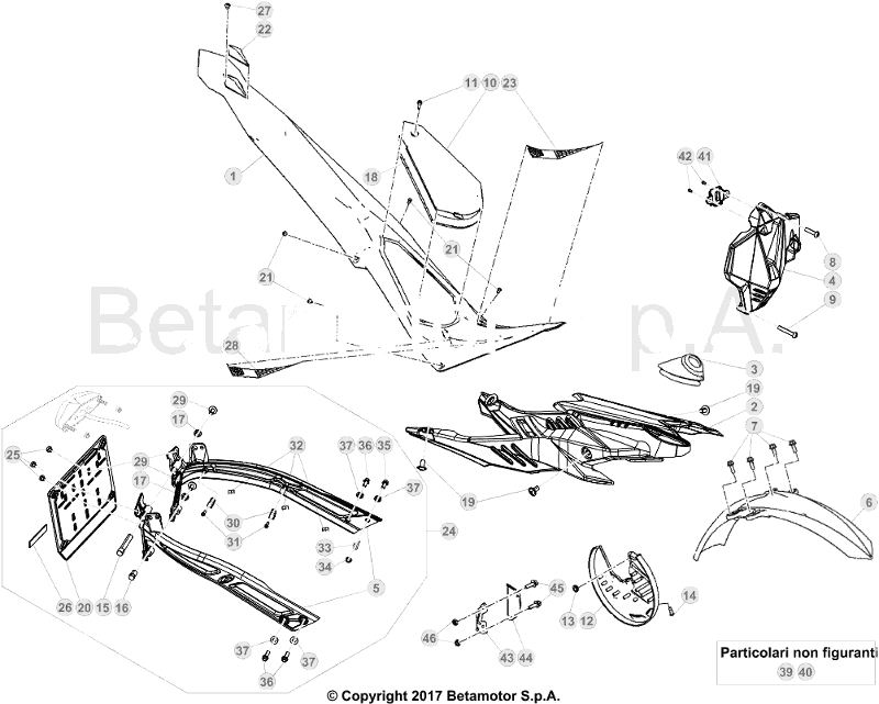 vue éclatée plastiques, réservoir et selle - beta evo 300 4t factory 2017