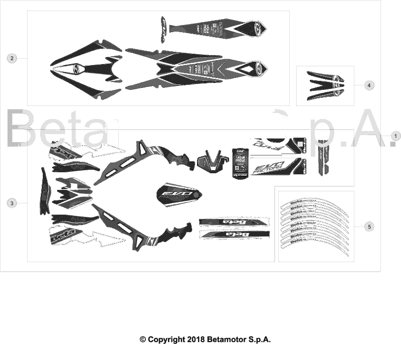 vue éclatée plastiques, réservoir et selle - beta evo 300 4t factory 2018