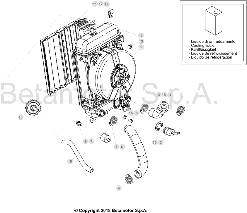 vue éclatée radiateurs, refroidissement - beta evo 300 4t factory 2018