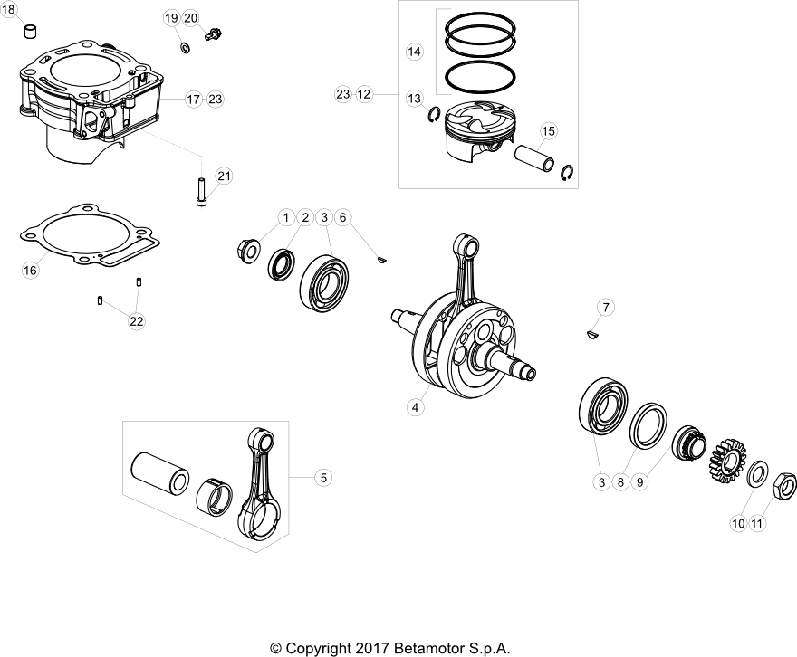 vue éclatée vilebrequin / piston / arbre d’équilibrage - beta evo 300 4t factory 2020
