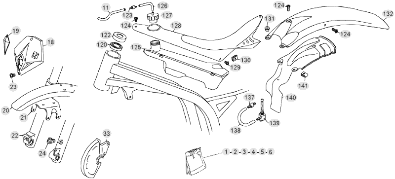 vue éclatée plastiques, réservoir et selle - beta evo 80 senior 2012