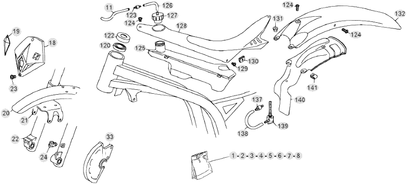 vue éclatée plastiques, réservoir et selle - beta evo 80 senior 2013