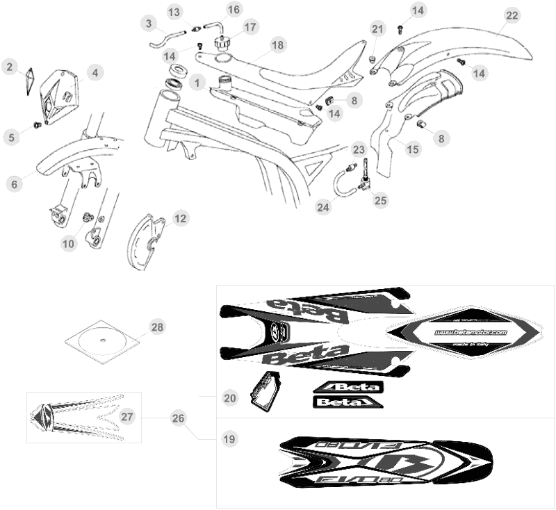 vue éclatée plastiques, réservoir et selle - beta evo 80 senior 2013