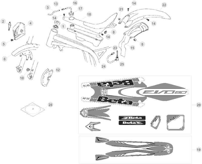 vue éclatée plastiques, réservoir et selle - beta evo 80 senior 2015