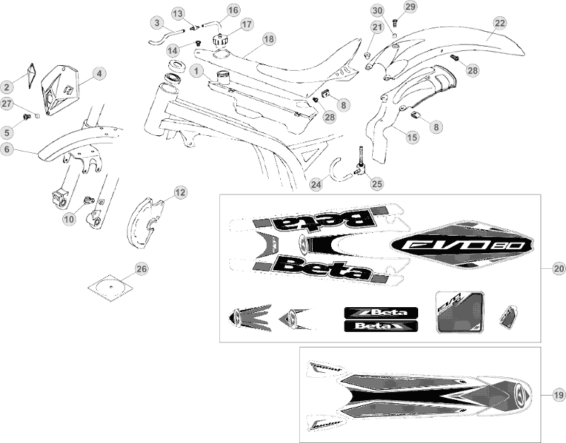 vue éclatée plastiques, réservoir et selle - beta evo 80 senior 2016